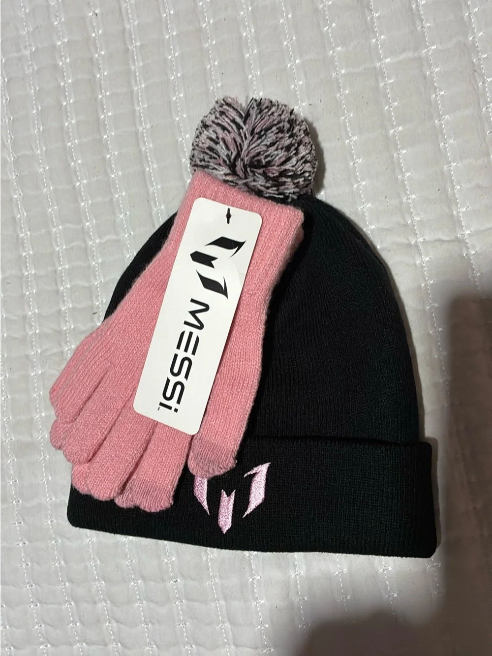 Messi Kids Two-Tone Pom Beanie and Gloves Set - Pink & Black